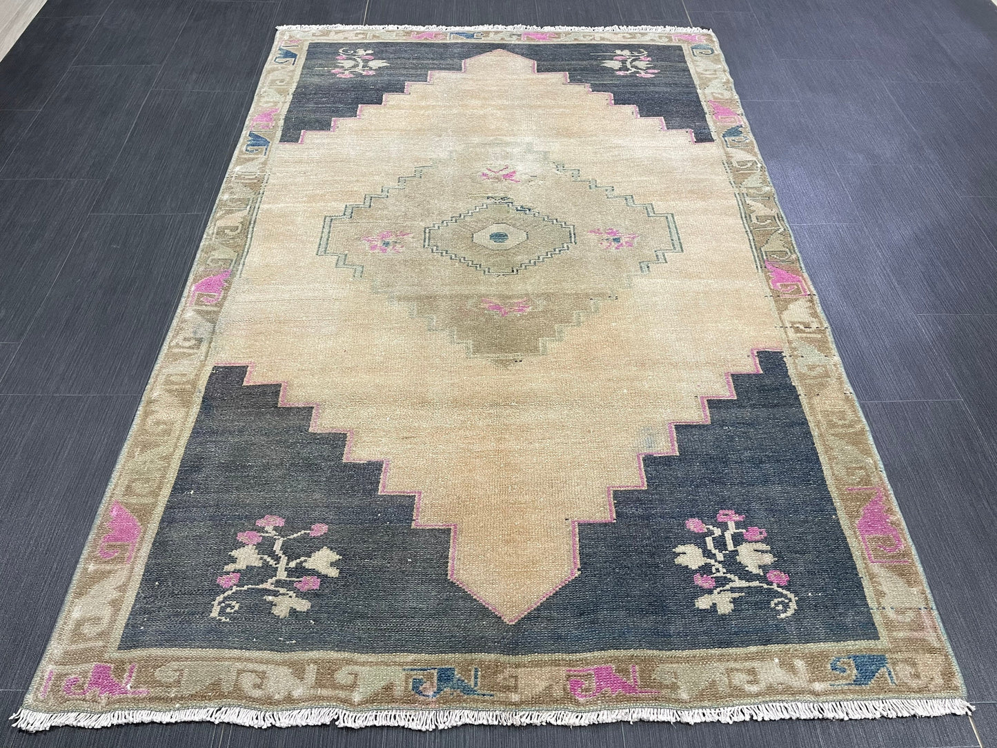 Muted Vintage RUG TURKISH 4 x 6.2 Oushak Rug Vintage Oushak Rug Vintage Rug Muted Navy Rug HandMade Rug Vintage Neutral Rug