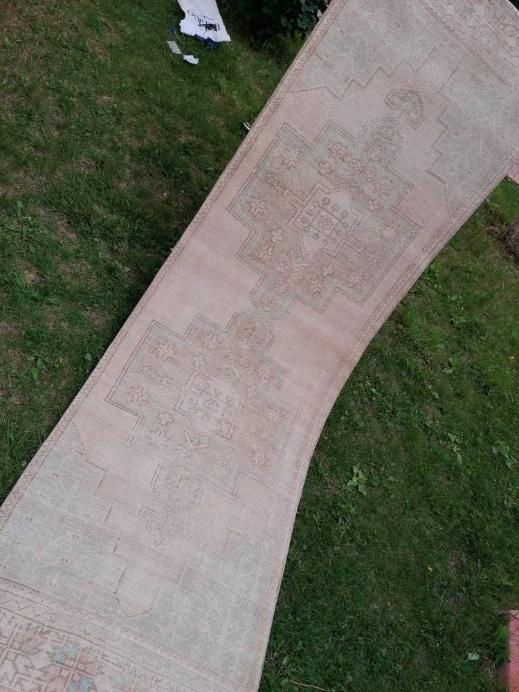Muted hallway wool runner rug 2'7x8'4 handmade runner vintage oushak runner, turkish runner rug