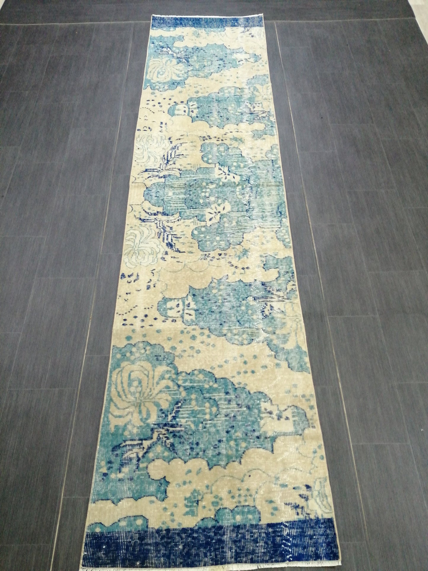 Oushak Runner Rug 10.5 X 2.5 Turkish Runner Rug Vintage Runner Rug Beige and Blue Hallway Runner Rug Kitchen Runner Rug vinatgeturkish_rug