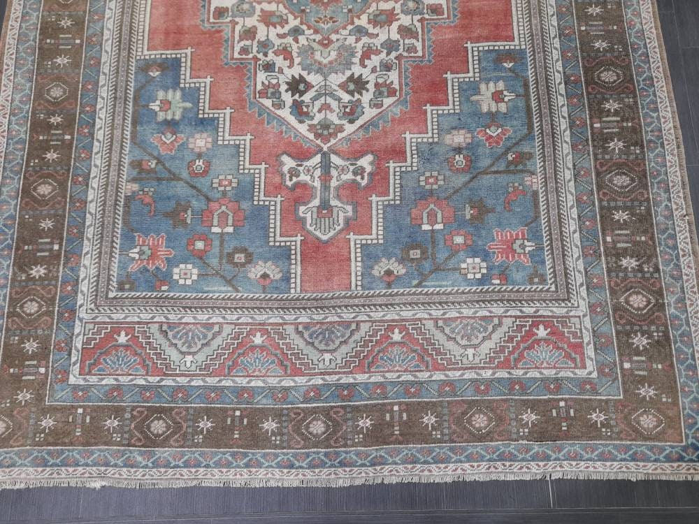 Oushak Rug 6.5 x 10 Blue And Red Persian Rug Vintage Rug Soft Wool Rug Antique Turkish Rug Muted Quality Turkish Rug