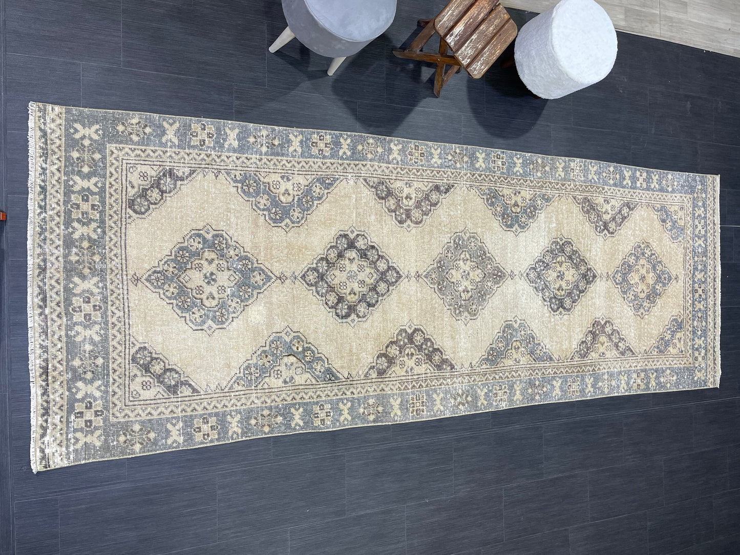 Hand Knotted Runner Rug Turkish Runner 3.8 x 10.8 Rug Vintage Gray Blue Runner Rug Hallway Runner Kitchen Runner Country modern Runner Rug