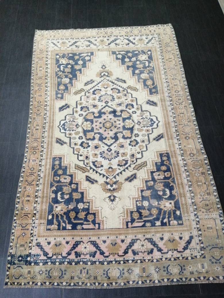 Vintage Oriental RUG 5.5 x 9 Oushak Rug Turkish Vintage Persian Rug Navy Vintage Rug Fine Wool Oushak Rugs Turkish Rug Muted Living room Rug