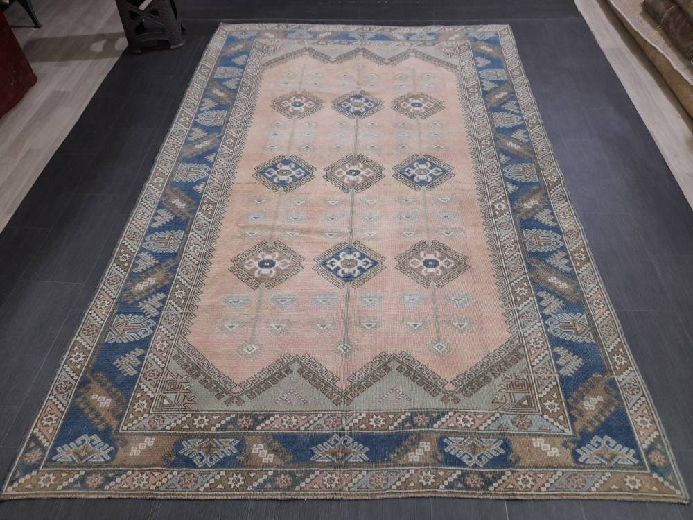 Oriental RUG 6.3 x 9.5 Oushak Rug Blue And Light Pink Persian Rug Vintage Rug Soft Wool Rug Antique Turkish Rug Muted Quality Turkish Rug