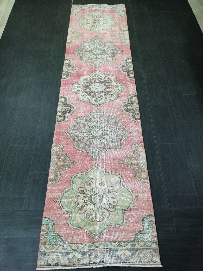 Muted RUNNER Rug, 2.8 x 12 RUNNER Rug, Oushak Runner Rug, Vintage Turkish Rugs, Oriental Runner Rug, Turkish Oushak Runner Persian Runner