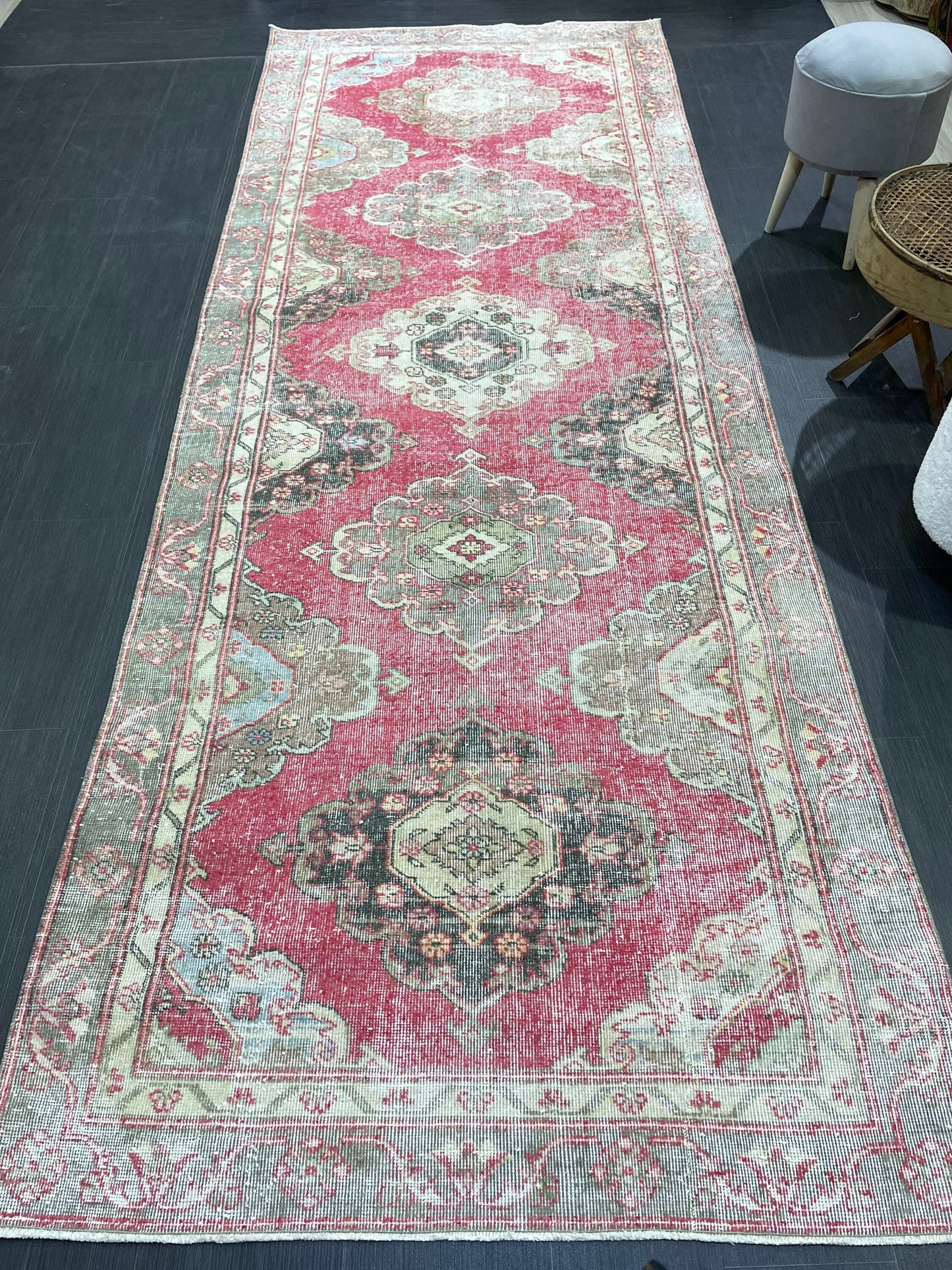 Turkish Runner Rug, Persian Distressed Runner 4.3 x 11.7 Rug, Vintage Runner Rug, Hallway Runner Rug, Kitchen Runner Rug, Wool Runner Rug