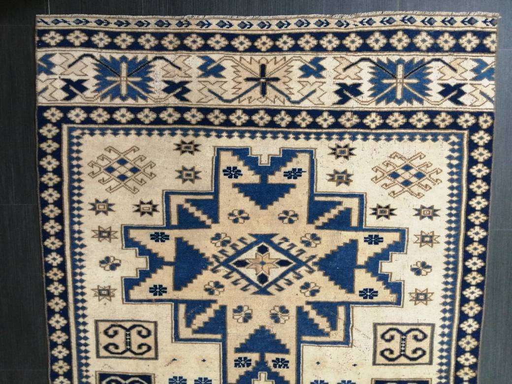 Oriental RUG 4.2 x 9.6 Oushak Rug Blue Persian Rug Navy Vintage Rug Fine Oushak Rugs Antique Turkish Rug Muted Cream Turkish room Rug