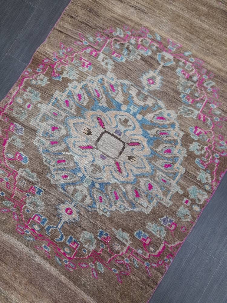Vintage Runner Rug 3.6 x 10.5 Turkish Runner Rug Varigated Brown Vintage Runner Rug Hallway Runner Rug Kitchen Runner Rug Wool Runner
