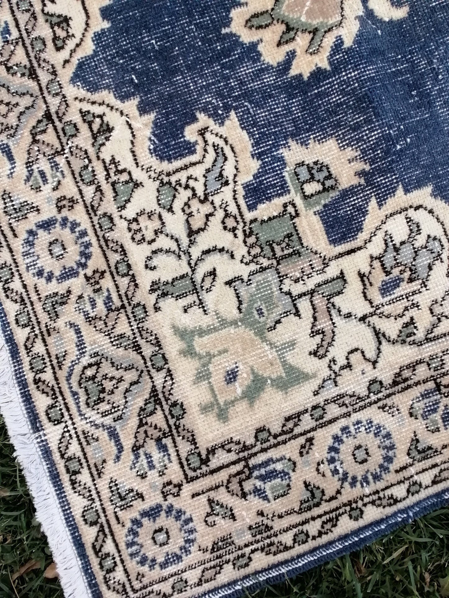 3'10x7 blue rug, turkısh wool rug, oushak vintage rug, kıtchen rug area rug