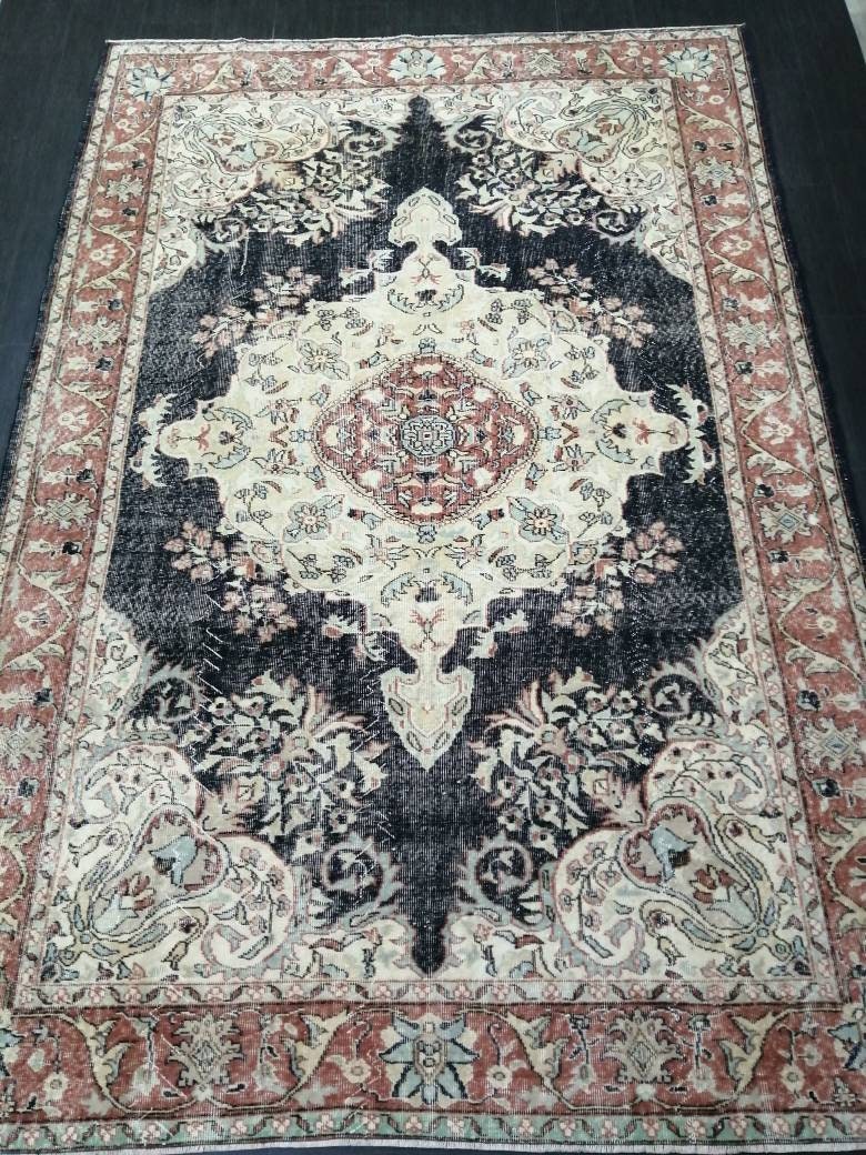 Vintage RUG 7 x 10. 4 TURKISH Oushak Rug Vintage Navy Oriental Rug Vintage Persian Rug Hand Made Rugs Turkish Rug