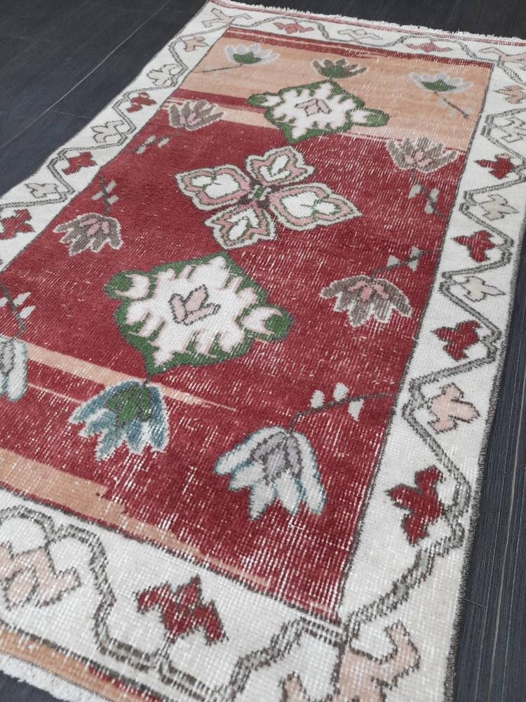 Floral Vintage Rug 2.7 x 4.6 Rug Oushak Rug, Wool Oriental Rug Hand Made Rug Persian Rug, Vintage Turkish Rug Hand Knotted Wool Rug