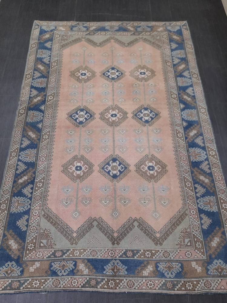 Oriental RUG 6.3 x 9.5 Oushak Rug Blue And Light Pink Persian Rug Vintage Rug Soft Wool Rug Antique Turkish Rug Muted Quality Turkish Rug