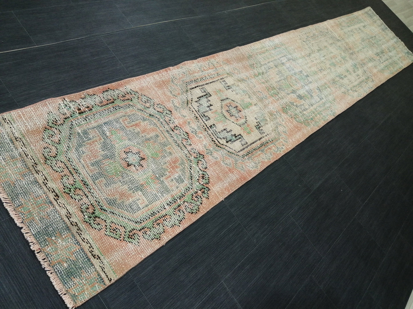 11.9x2.2 Distressed Runner Rug Turkish Runner Rug Muted Vintage Runner Rug Faded Hallway Runner Rug Kitchen Runner Rug Wool Runner Rug