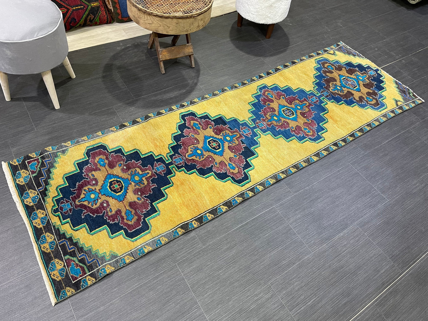 Wool Antique Runner Rug 2.2 x 7.2 Turkish Runner Rug Vintage Runner Rug Old Hallway Runner Rug Kitchen Runner Rug Yellow Wool Runner Rug