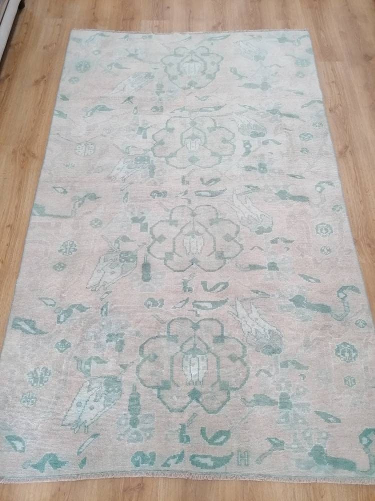 Vintage rug, green oushak rug 4'6x7'2 living room rug