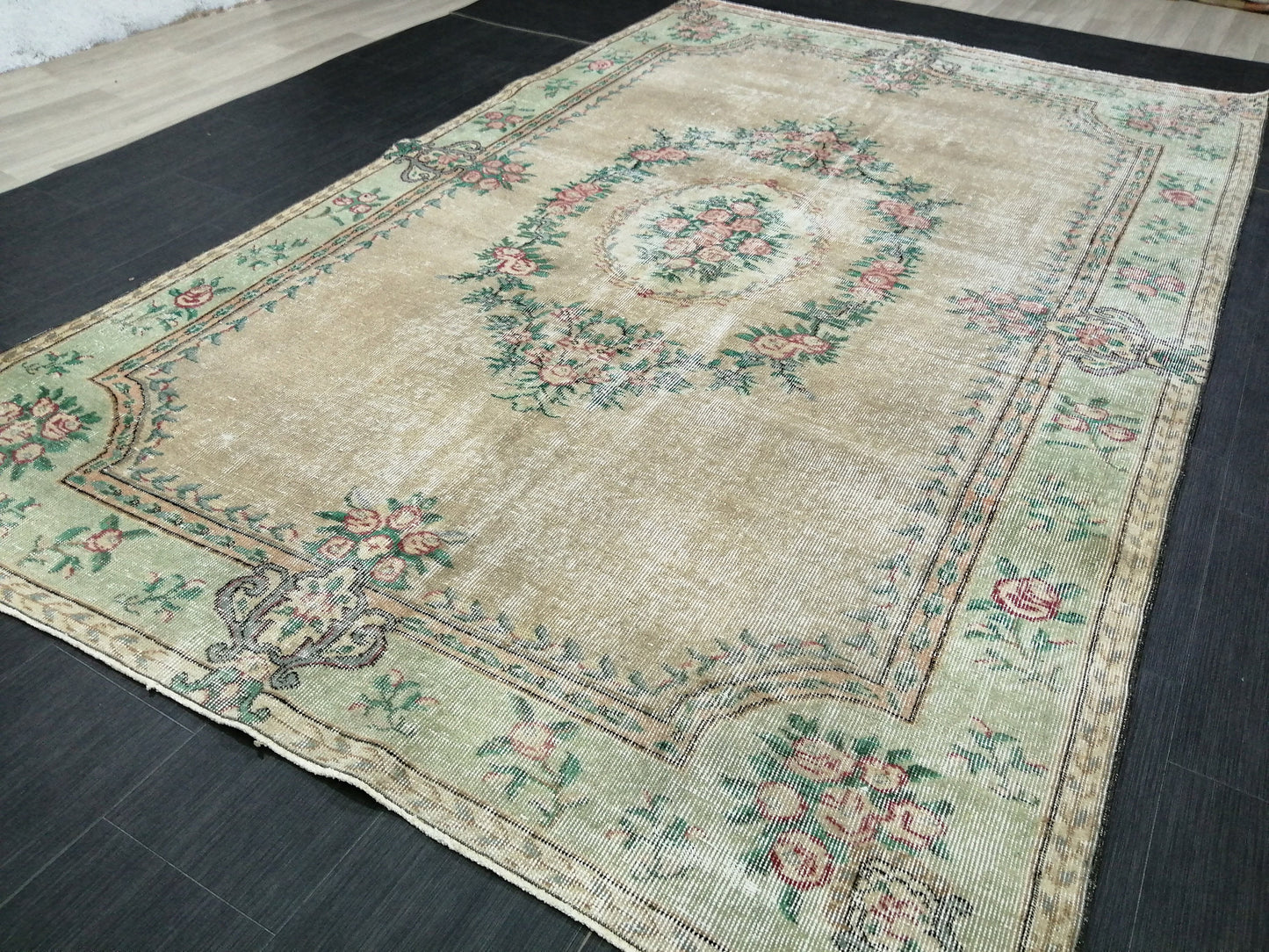 9x5.8 OUSHAK RUG Distressed TURKISH Oushak Rug Vintage Oushak Runner Rug 9x6 Large Rug Wool Oushak Rug Hand Made Rugs Vintage Turkish Rug
