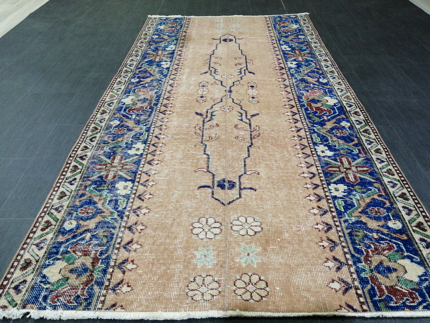 3.7 x 7.2 Blue Runner Rug, Hand Made Rug, Oushak Rug, Boho Rug, Rug Runner, Turkish Rug, Farmhouse Rug, Vintage Rug, Wool rug Oriental Rug