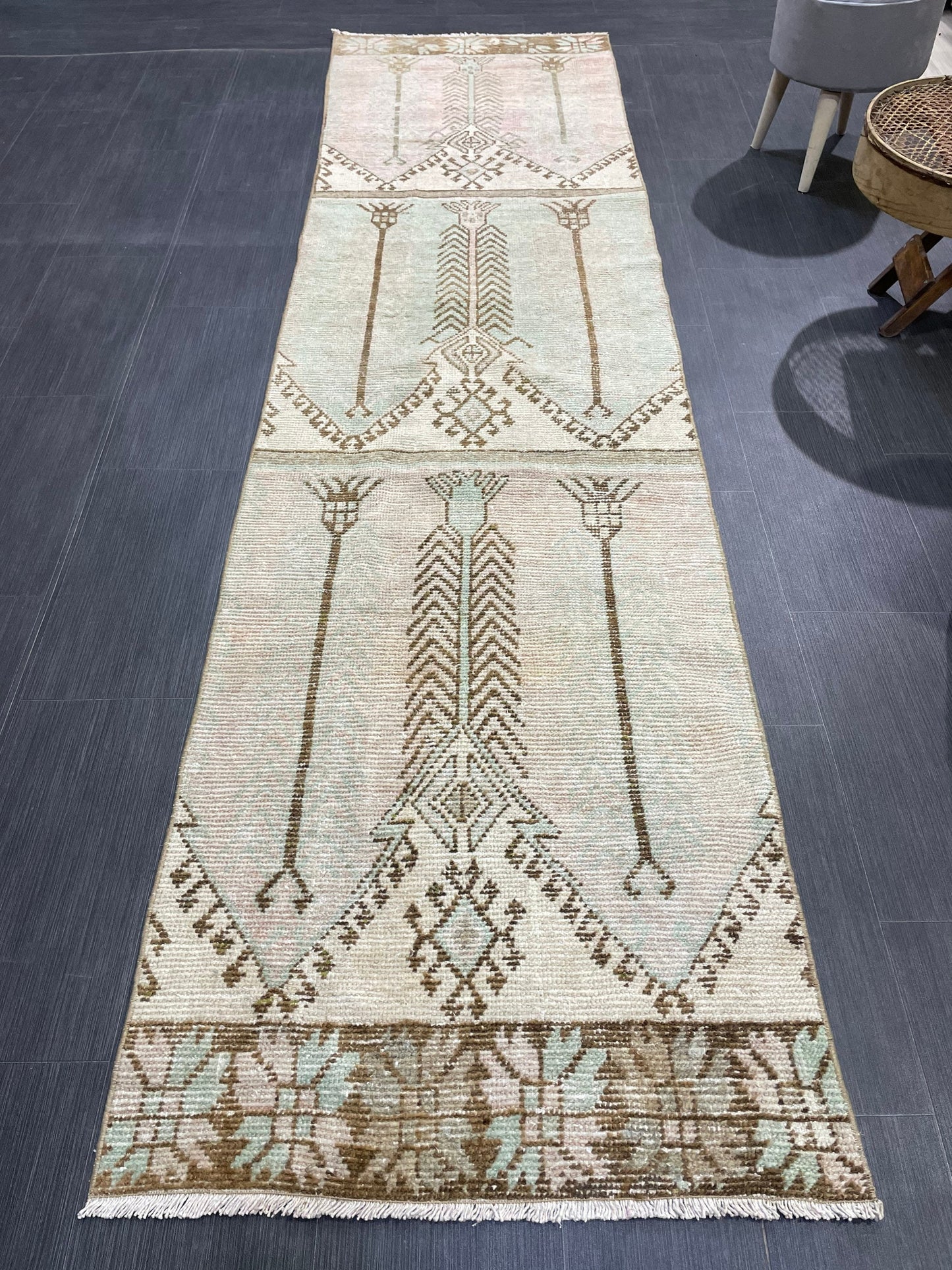 Muted Vintage Runner Rug, 2.8 x 10.2 Muted Oushak Runner Rug, Turkish Runner Rug, Short Muted Runner Rug ,Hallway Runner Soft Wool Runner