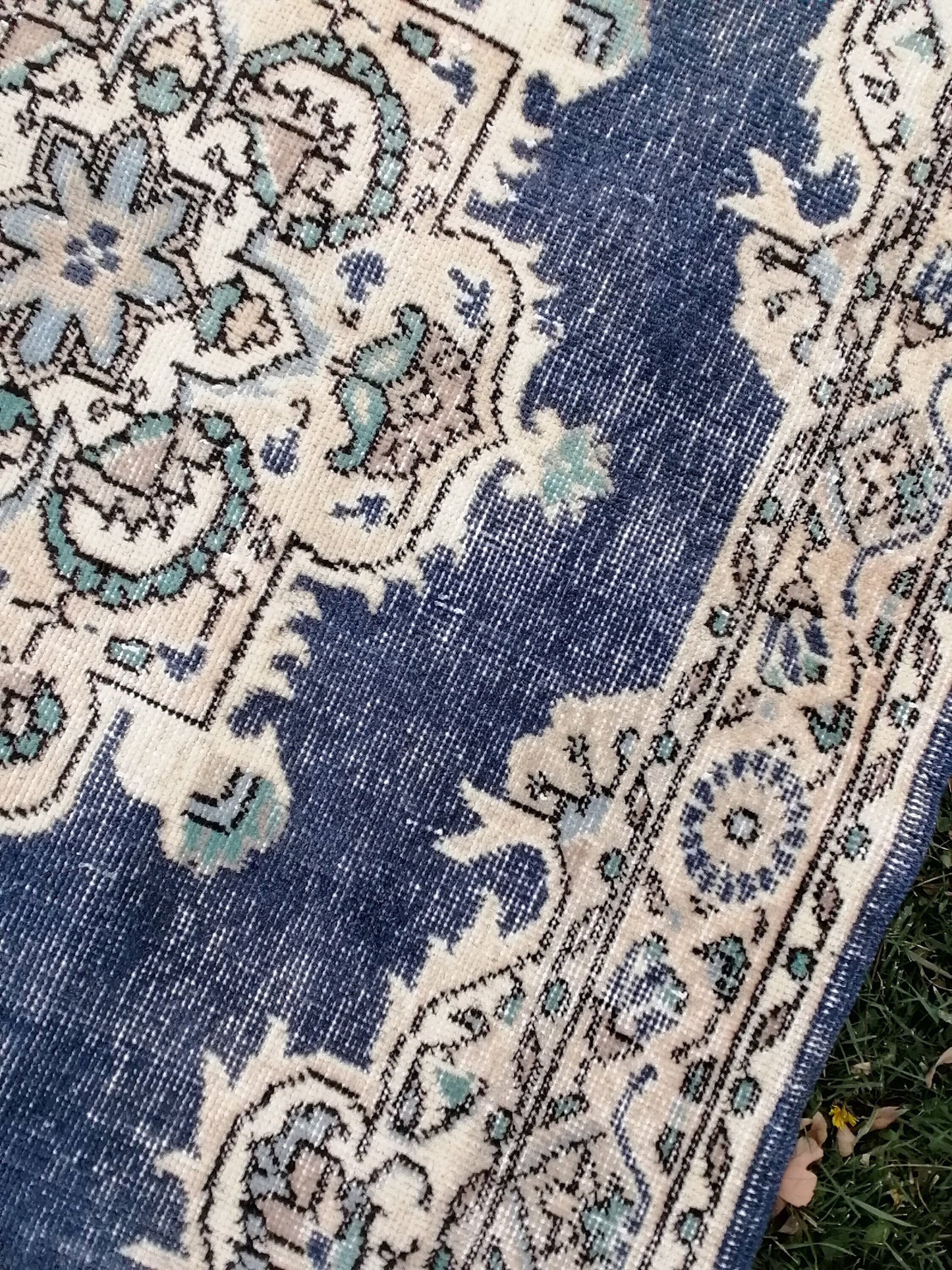 3'10x7 blue rug, turkısh wool rug, oushak vintage rug, kıtchen rug area rug