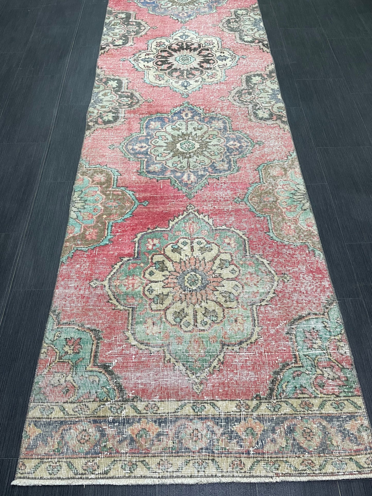Muted Vintage Runner Rug Vintage Oushak Runner Rug 3 x 12.5 Hallway Runner Rug Turkish Kitchen Runner Rug Antique Wool Oriental Runner Rug