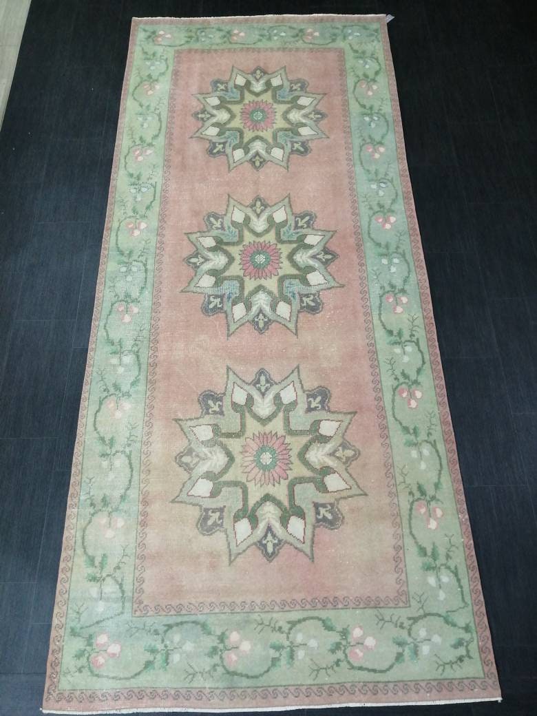 Wool Runner Rug Muted 4.5 x 10.6 Hand Made Runner Rug Turkish Runner Rug Vintage Runner Rug Hallway Runner Rug Wool Kitchen Runner Rug