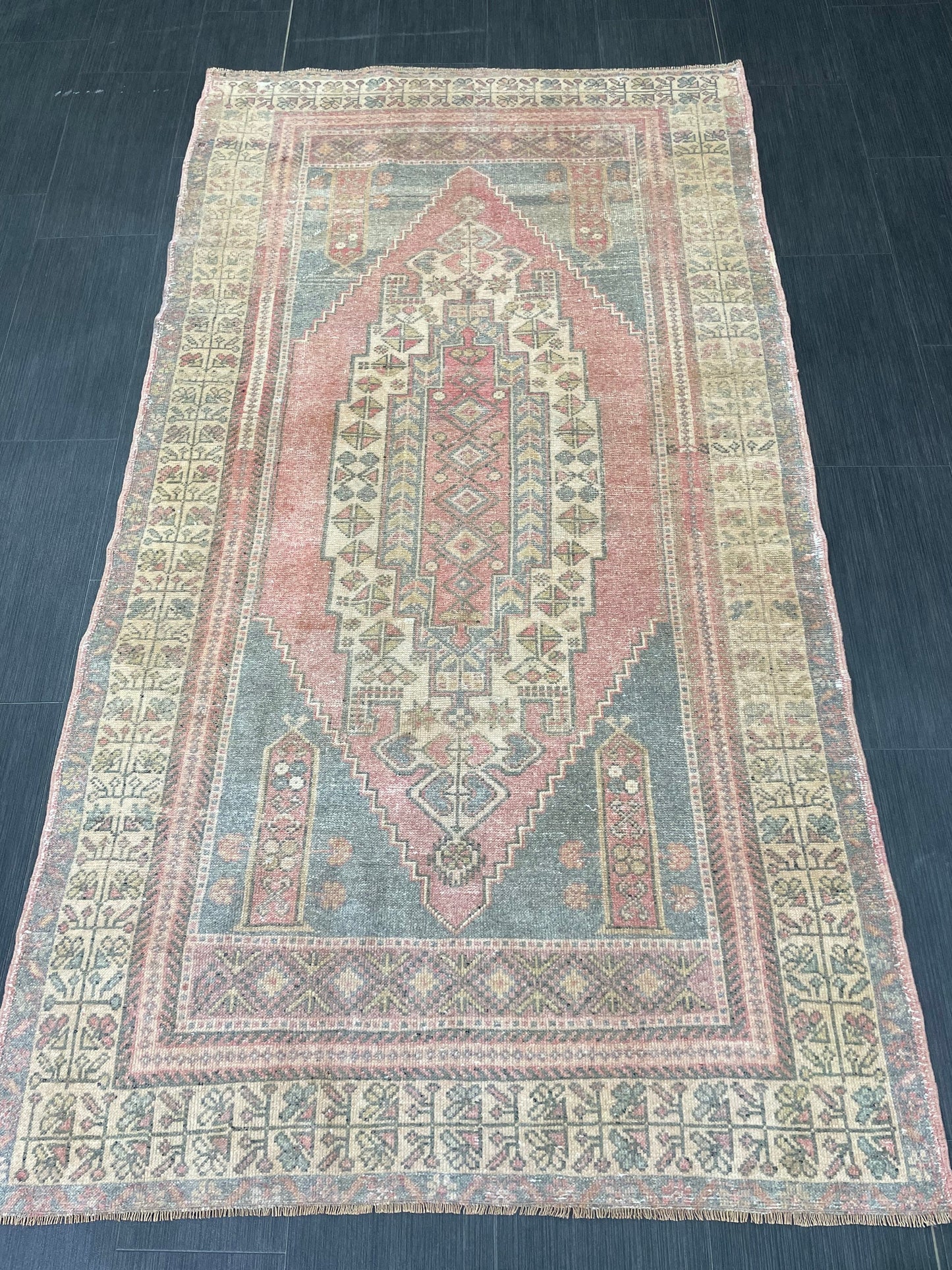 Vintage Handmade Rug Muted 3.8 x 7 Vintage Rug Wool Oushak Rug Hand Made Rugs Vintage Turkish Rug Living Room Rug