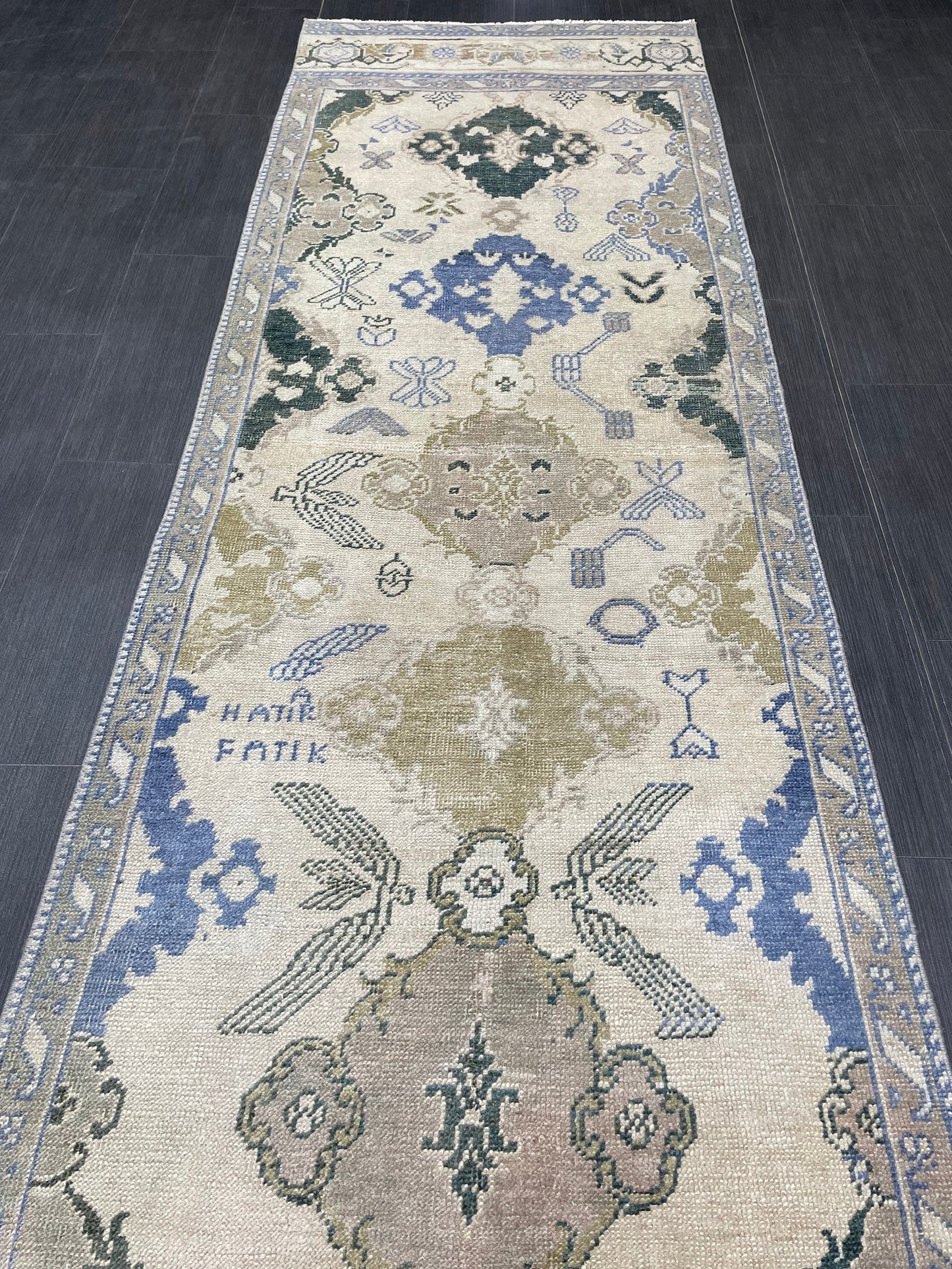 Blue Green Turkish Oushak Runner Rug 3x13 ft Turkish Runner Rug XL Vintage Runner Rug Long Hallway Runner Rug Kitchen Runner Wool Pile