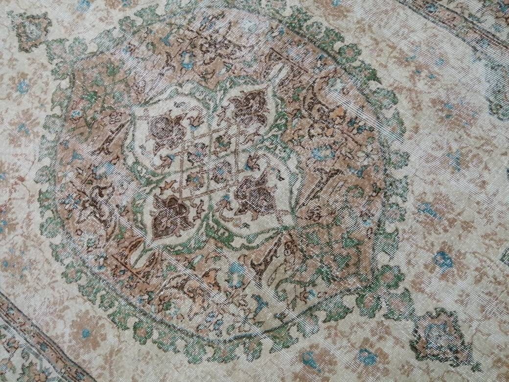 OUSHAK RUG Persian Rug 6.8 x 10.4 TURKISH Rug Vintage Wool Rug Muted Vintage Oriental Rug Wool Oushak Rug Hand Made Rugs Green Vintage Rug