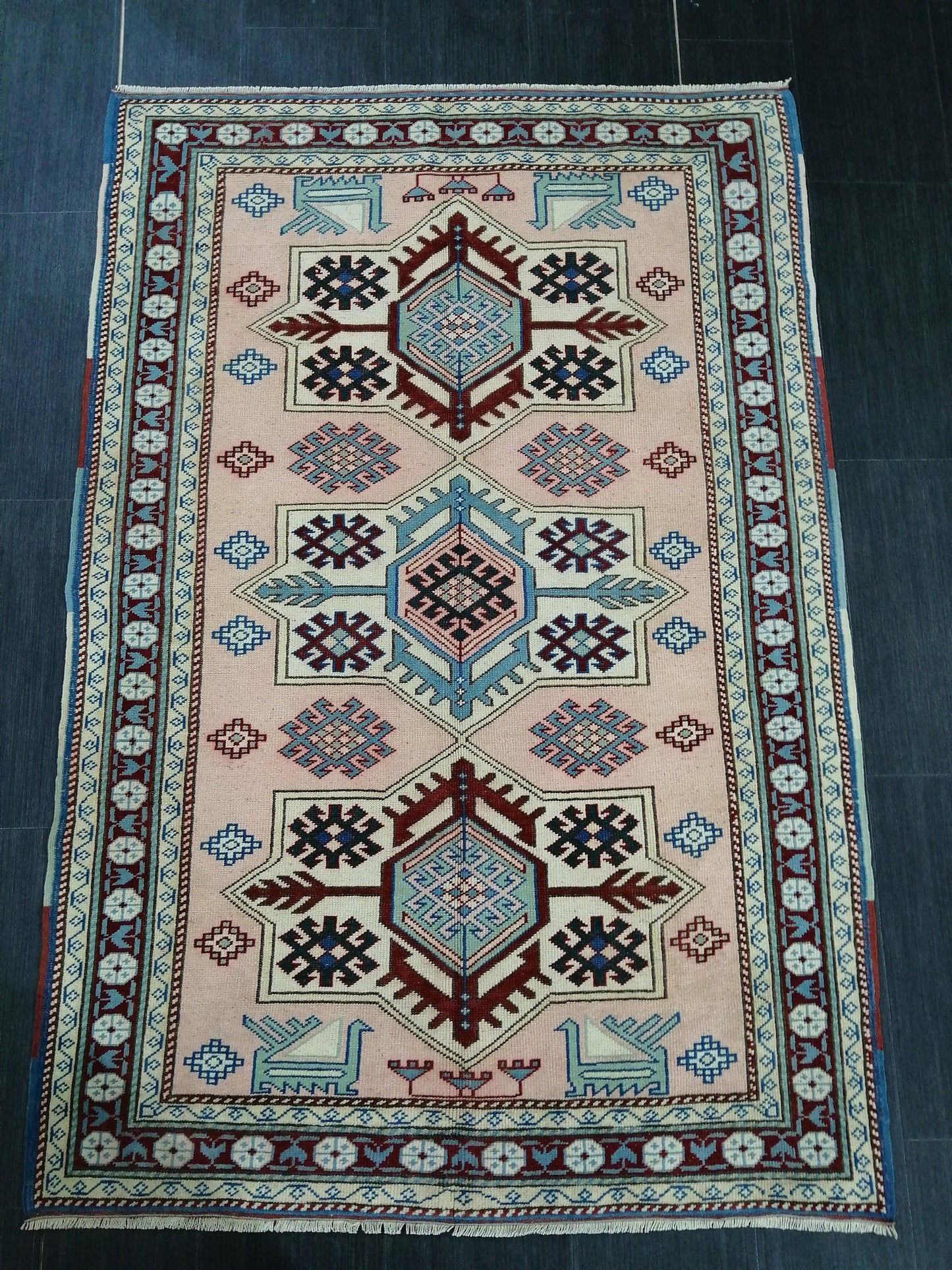 Muted Pink and Blue Wool RUG 5.8 x 3.9 Vintage Oushak Rug Vintage Rug Wool Oushak Rug Hand Made Rugs Vintage Turkish Rug