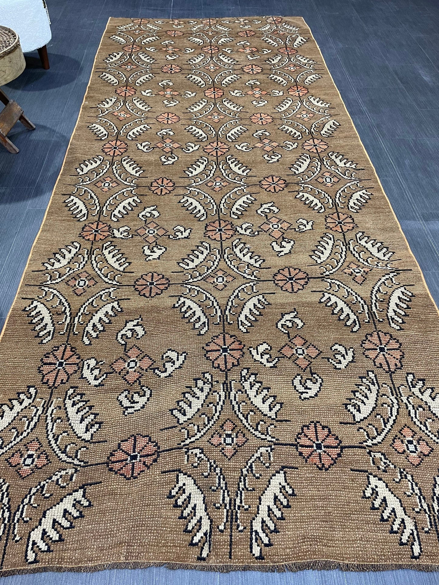 Vintage Floral RUG, Brown 4x10 Vintage Rug, TURKISH Rug, Muted Vintage Persian Rug, Vintage Wool Pink and Green Rug Muted Handmade Rug