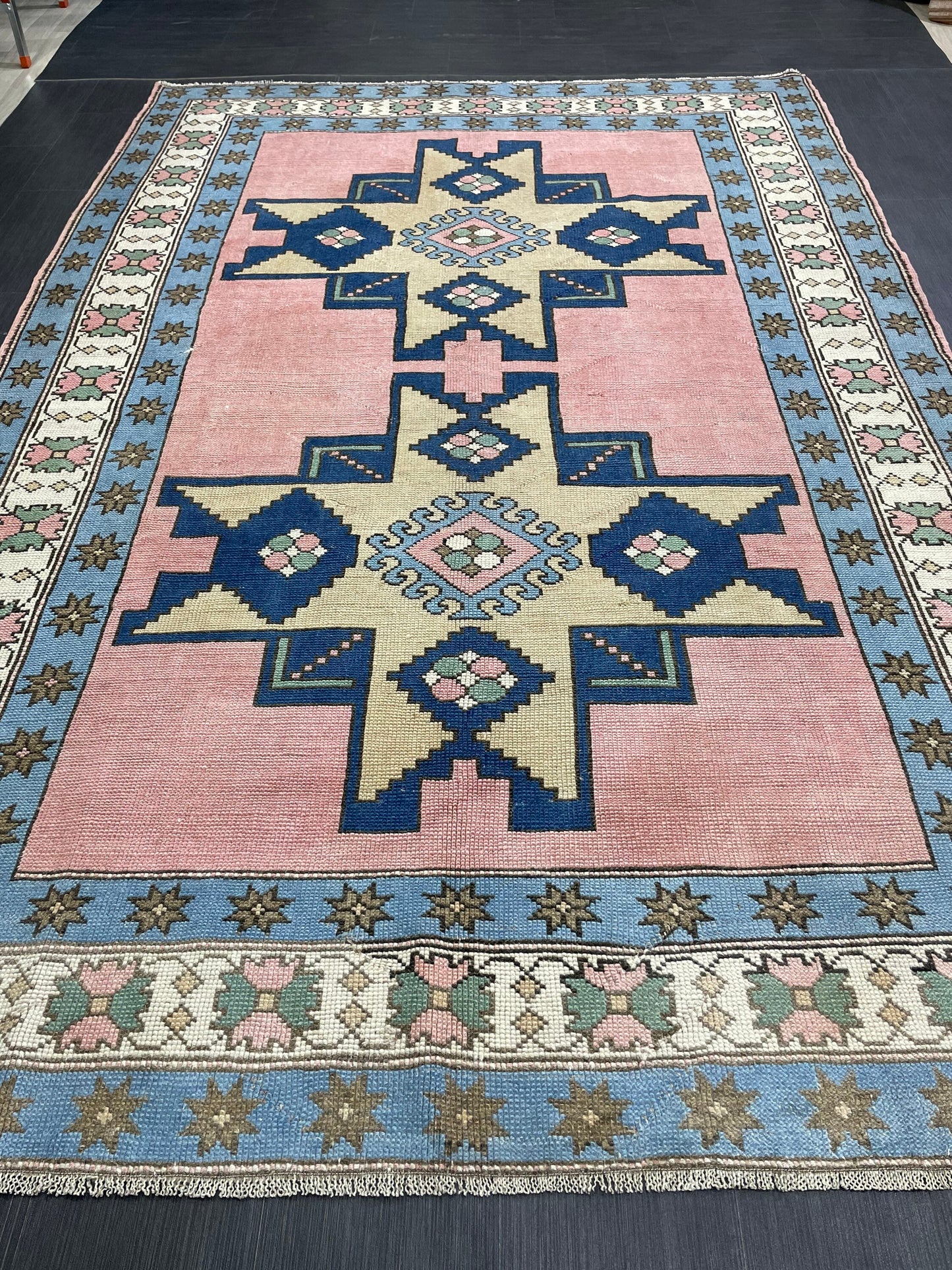 Wool OUSHAK RUG TURKISH 6.6 x 10 Rug Vintage Oriental Rug Vintage Handmade Rug Wool Vintage Pink and Blue Rug Hand Knotted Rug