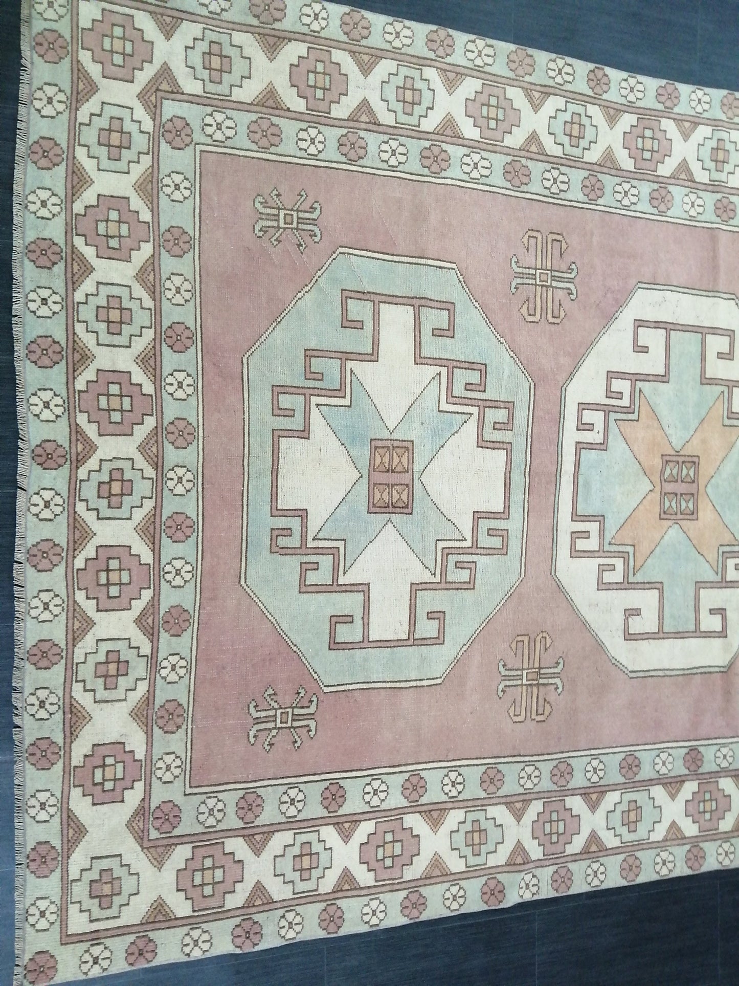 Muted OUSHAK RUG 9.7 x 6.4 Muted Vintage Rug Vintage Rug Dusty Rose And Ice Blue Wool Oushak Rug Hand Made Rugs Vintage Turkish Rug