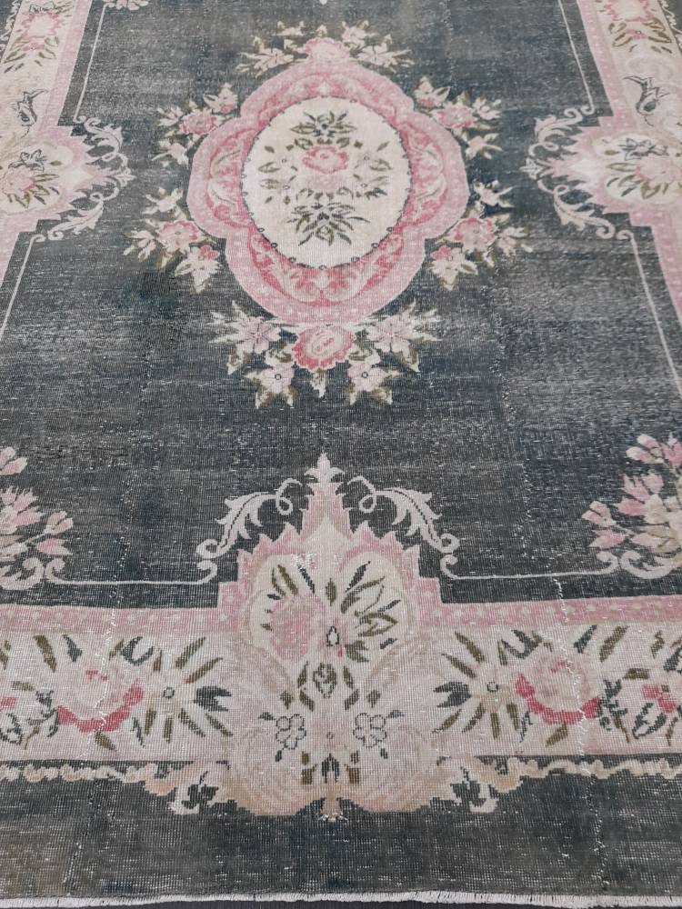 Vintage RUG Hunter Green and Light Pink Antique Rug Vintage Wool 7.3 x 10 Oriental Rug Hand Made Rug Hand Knotted Rug Wool on wool Rug