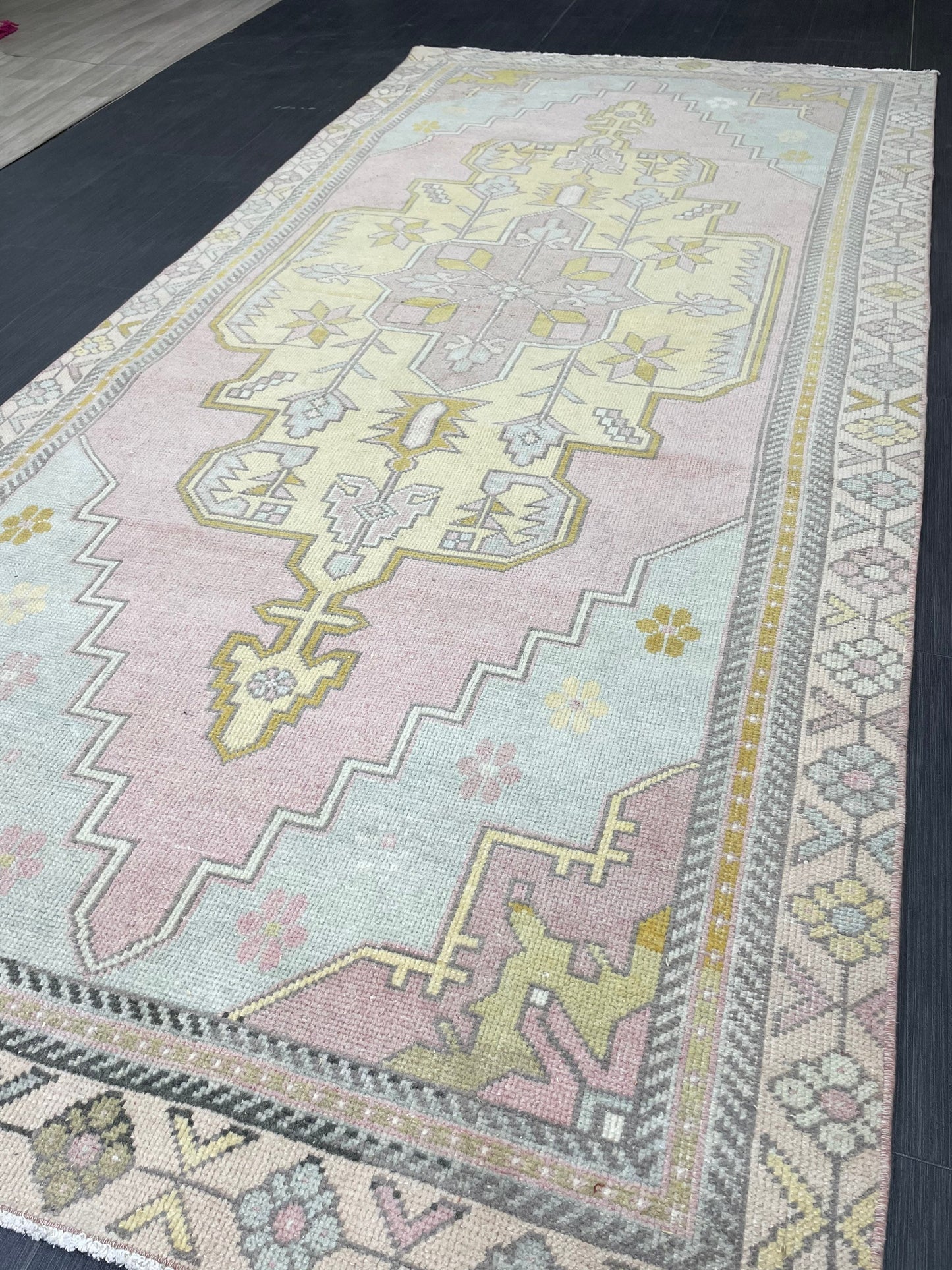 Muted Vintage RUG 4x9 TURKISH Rug Oriental Rug Vintage Oushak Rug Vintage Persian Wool Rug Handmade Rug Vintage Turkish Rug Discounted Rugs