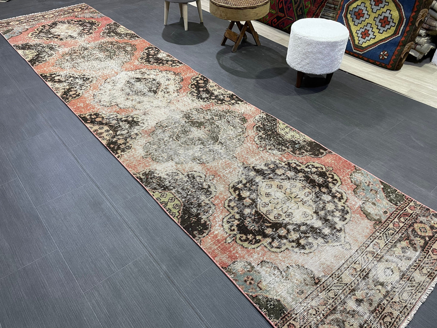 Turkish Distressed Runner Rug, Persian Runner 3 x 12 Rug, Vintage Runner Rug, Hallway Runner Rug, Kitchen Runner Rug, Wool Runner Rug