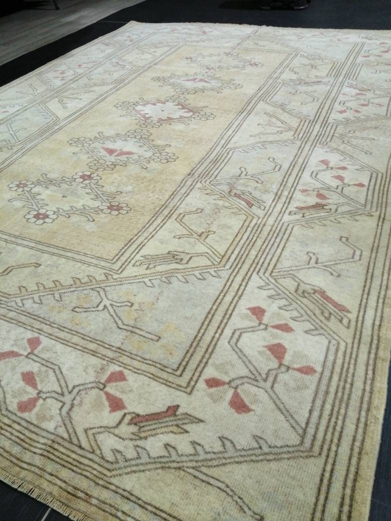 Muted Turkish Rug 9.4 x 6.7 Muted Oushak Rug Muted Vintage Rug Wool Oushak Rug Hand Made Rugs Vintage Turkish Rug