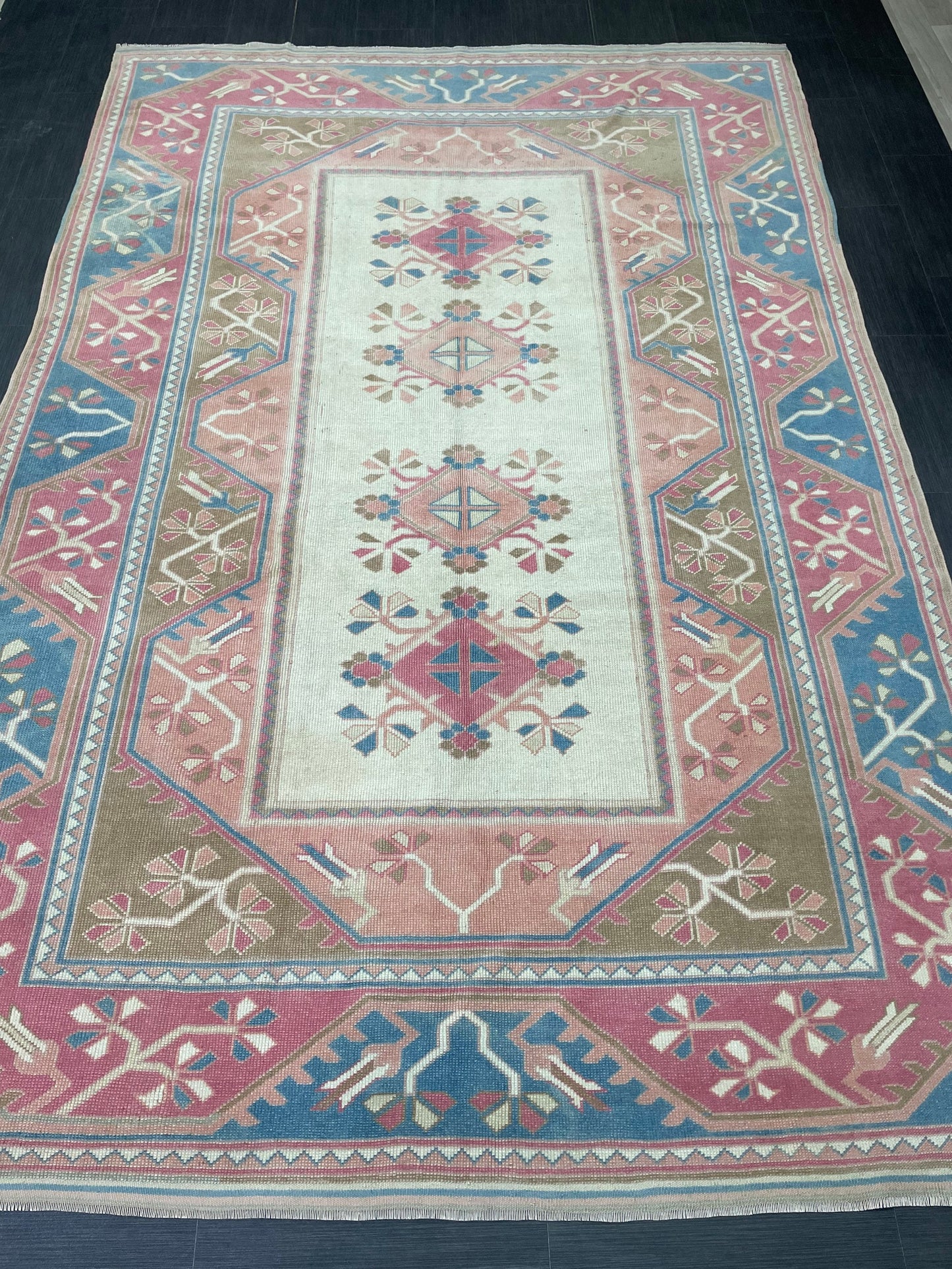 Hand Knotted Oushak Rug 6.8 x 10.3 Vintage Rug Handmade Turkish Rug Persian Rug Vintage Rug, Wool Blue and Pink Rug Large Rug