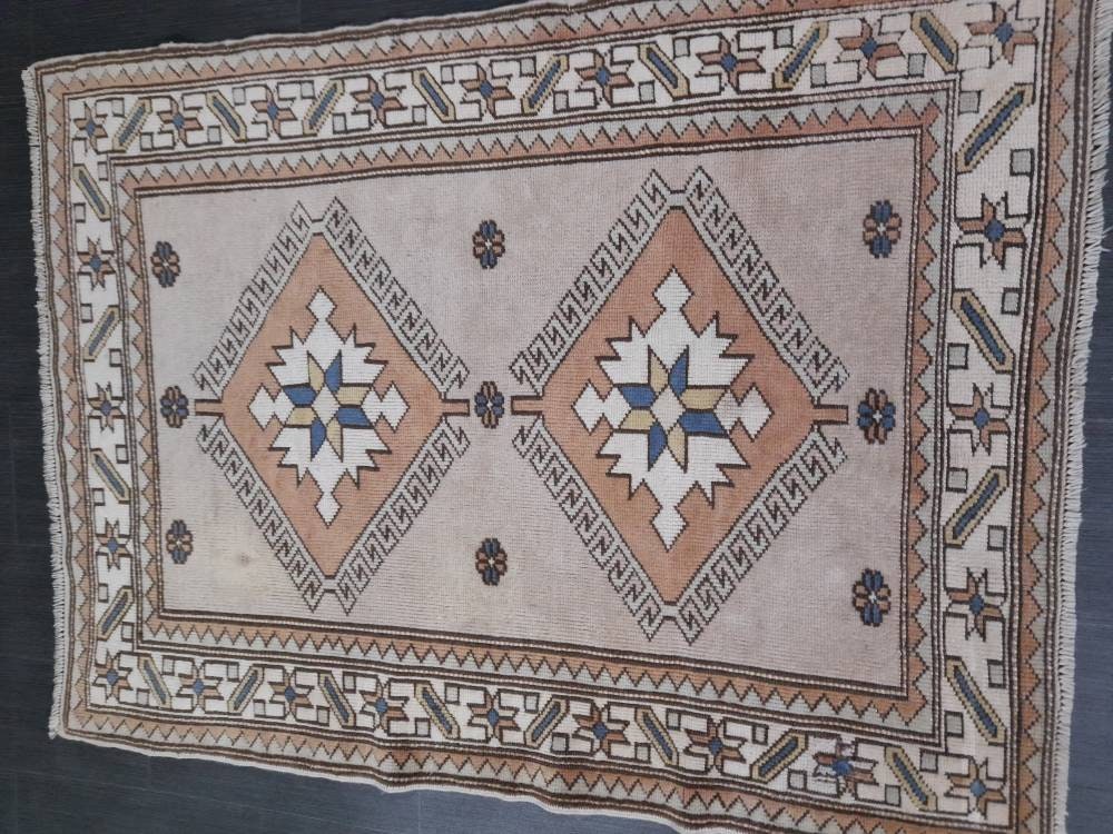 Muted Vintage Turkish Rug 3.8 x 5.2 Oushak Rug, Wool Oriental Rug Pink Muted Vintage Persian Rug, Hand Made Rug Pink Vintage Wool Rug 4x5