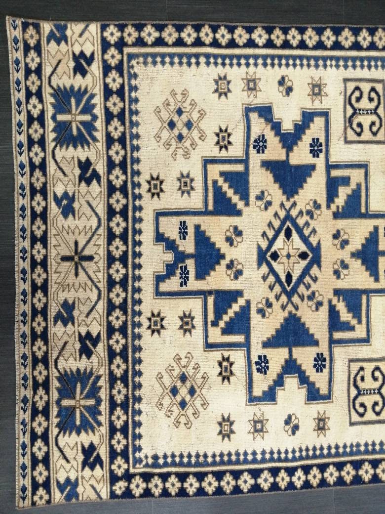 Oriental RUG 4.2 x 9.6 Oushak Rug Blue Persian Rug Navy Vintage Rug Fine Oushak Rugs Antique Turkish Rug Muted Cream Turkish room Rug