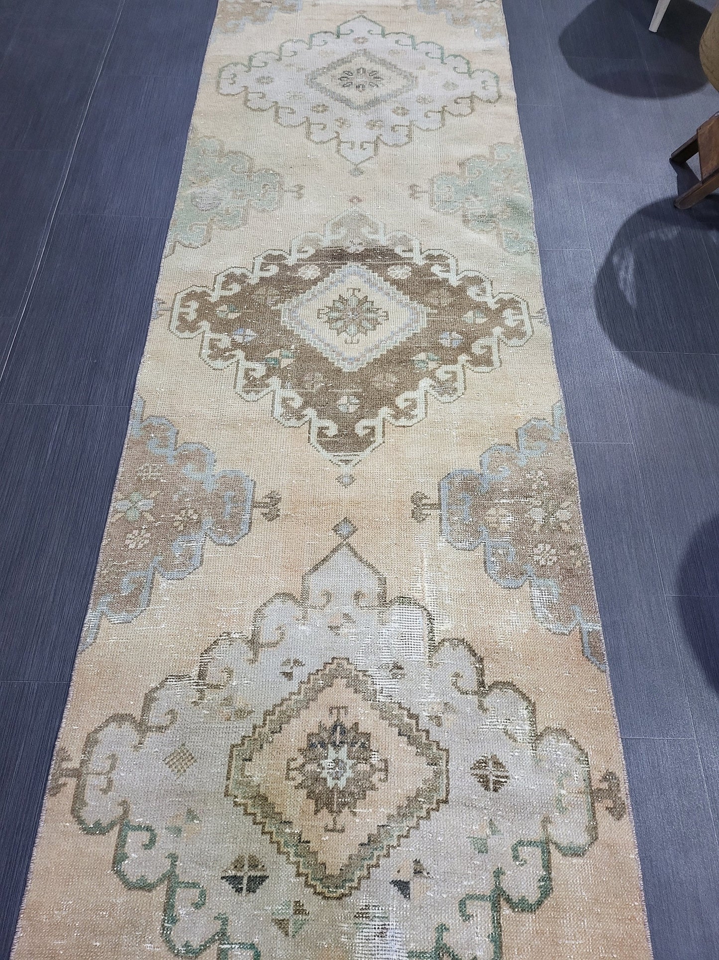 Distressed VINTAGE Rugs, Handmade Runner Rug, Oushak 2.8 x 12.10 Runner Rug, Rustic Runner Rug, Antique Rug, Turkish Rug, Farmhouse Rug,