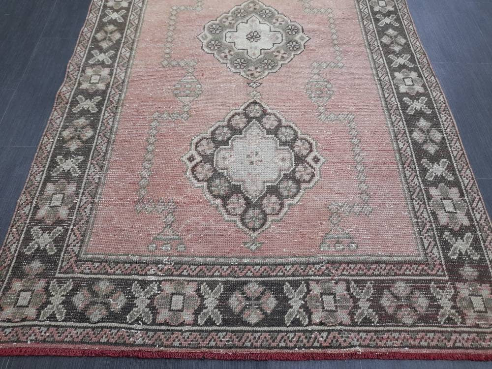 Muted Turkish Runner Rug 4.2 x 11 Muted Vintage Runner Rug Hand Made Runner Rug Pink Vintage Runner Rug Hallway Runner Rug Distressed Runner