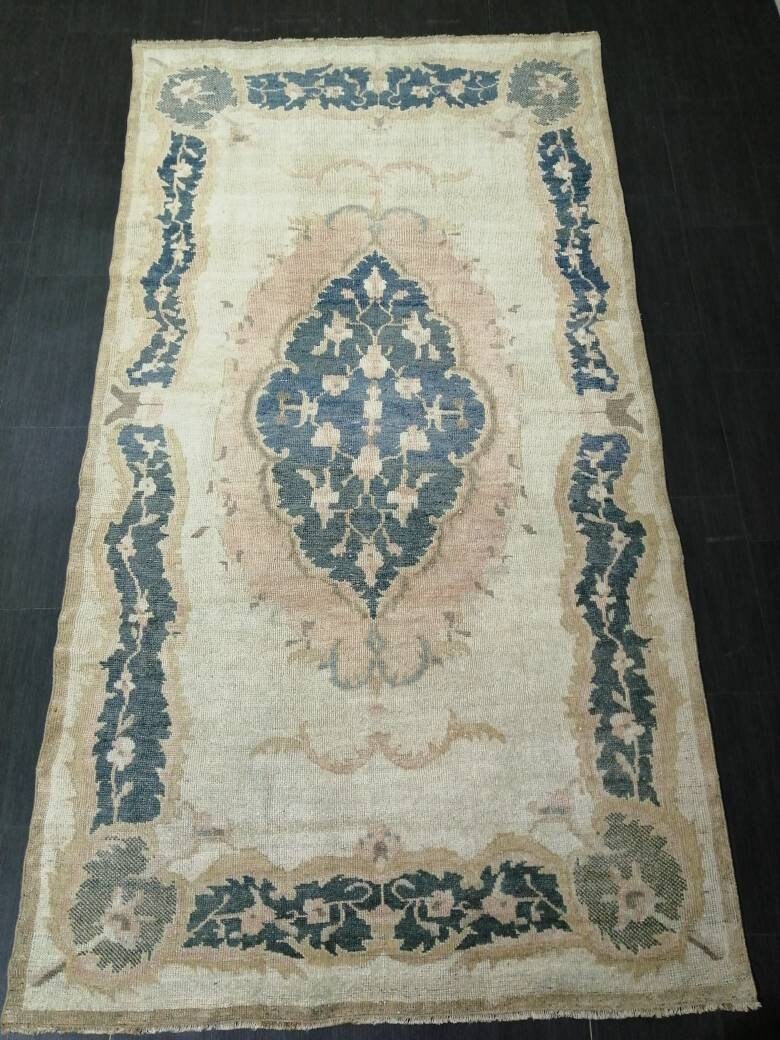 Persian Rug, Muted Vintage Rug, 5x9 Blue Turkish Rug, Wool Entryway Rug, Livingroom Rug Oushak Rug Navy Oriental Rug