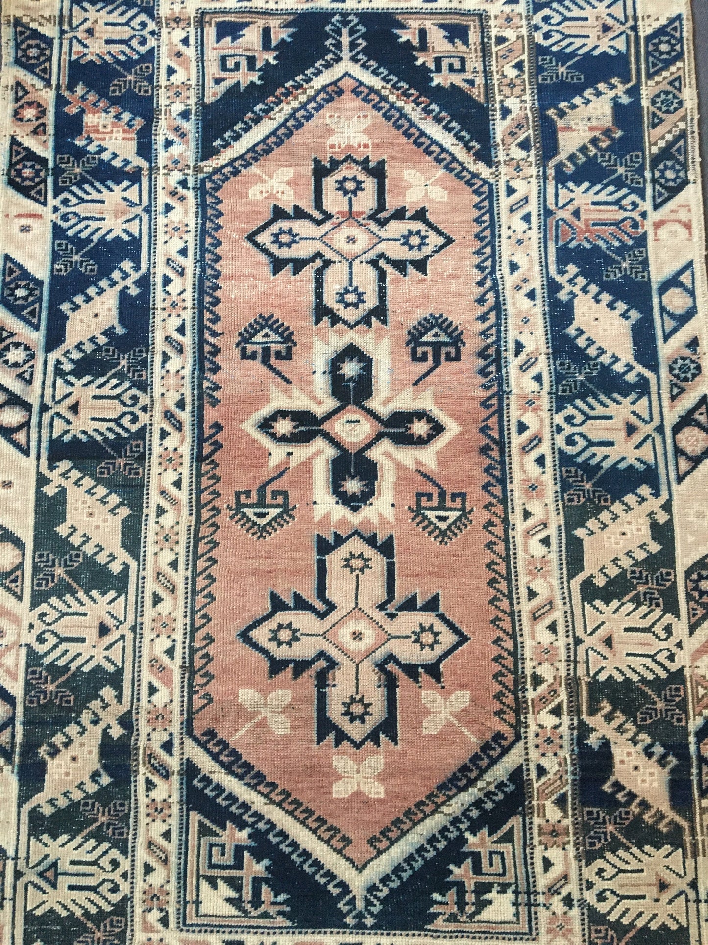4x7 feet turkish large bedroom rug, handmade blue muted living room floor rug, vintage bathroom area rug, bohemian persian motif wool rugs