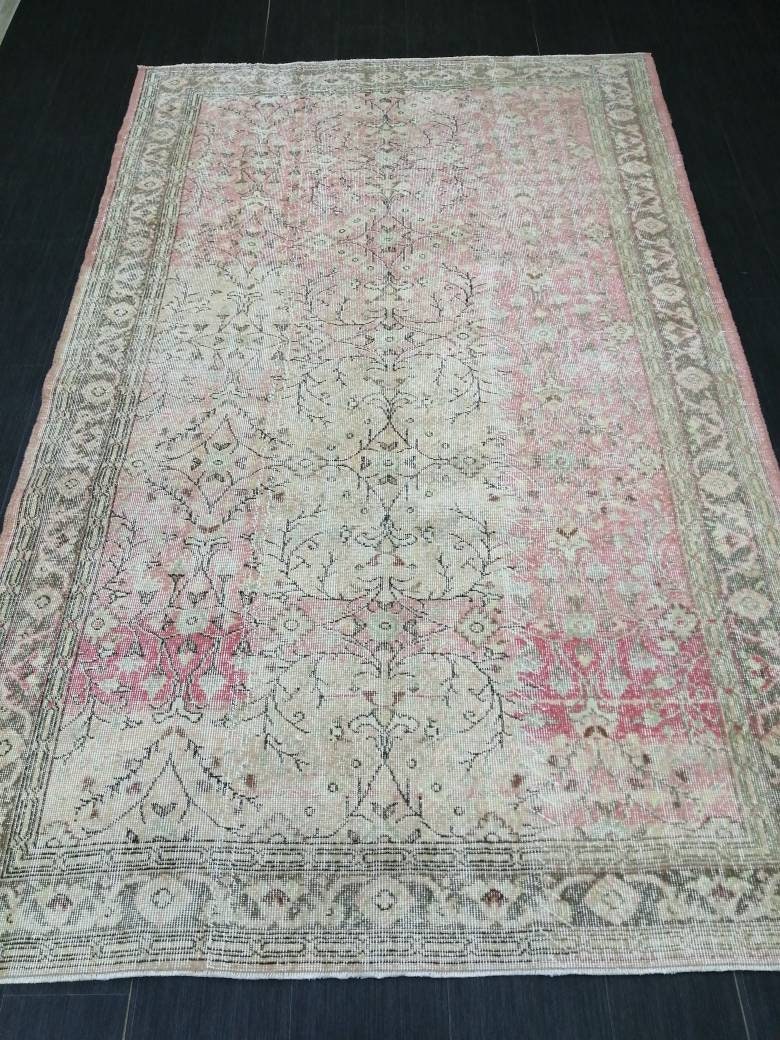 Pink Vintage RUG 9 x 5.7 TURKISH Rug Vintage Oushak Rug Vintage Rug Wool Oushak Rug Hand Made Rugs Vintage Turkish Rug 6x9 rug