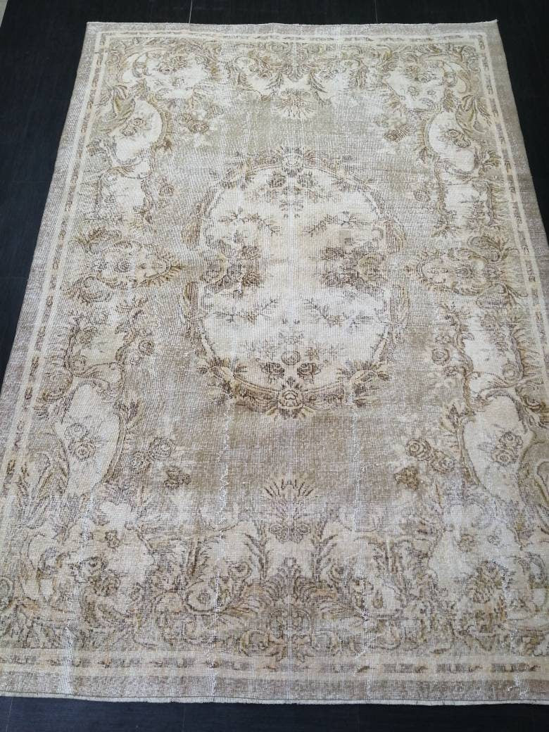 Muted Vintage RUG 6.8 x 9.8 TURKISH Rug Distressed Vintage Rug Wool Oushak Rug Large Hand Made Rugs Vintage Turkish Rug 7x10