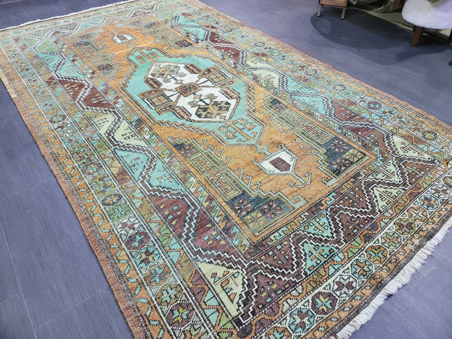 4.9 x 7.9 Rug, Handmade Rug, Oushak Rug, Anatolian Rug, Hand Knotted Turkish Rug, burnt orange and turquoise Rug, Vintage Rug, Wool rug
