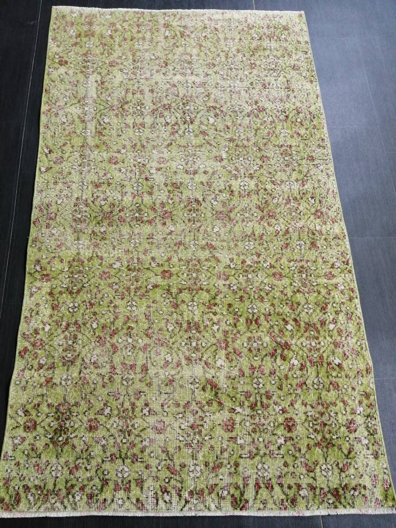 Vintage Green Rug Hand Made Rug, 3.6 x 6.5 Modern Oushak Rug, Boho Leaves Rug, Fun Turkish Rug, Farmhouse Rug, Vintage Wool rug