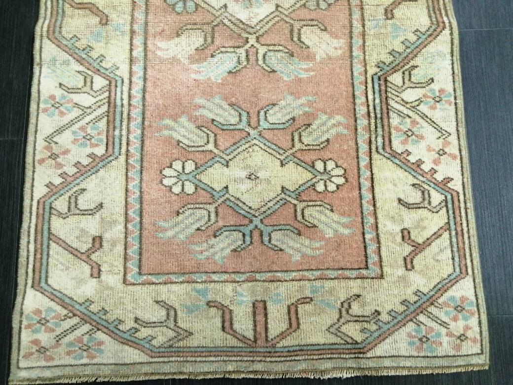 Vintage PINK Rug Hand Made Rug, 2.4 x 4.3 Vintage Oushak Rug, Boho Rug, Plush Turkish Rug, Farmhouse Rug, Vintage Wool rug