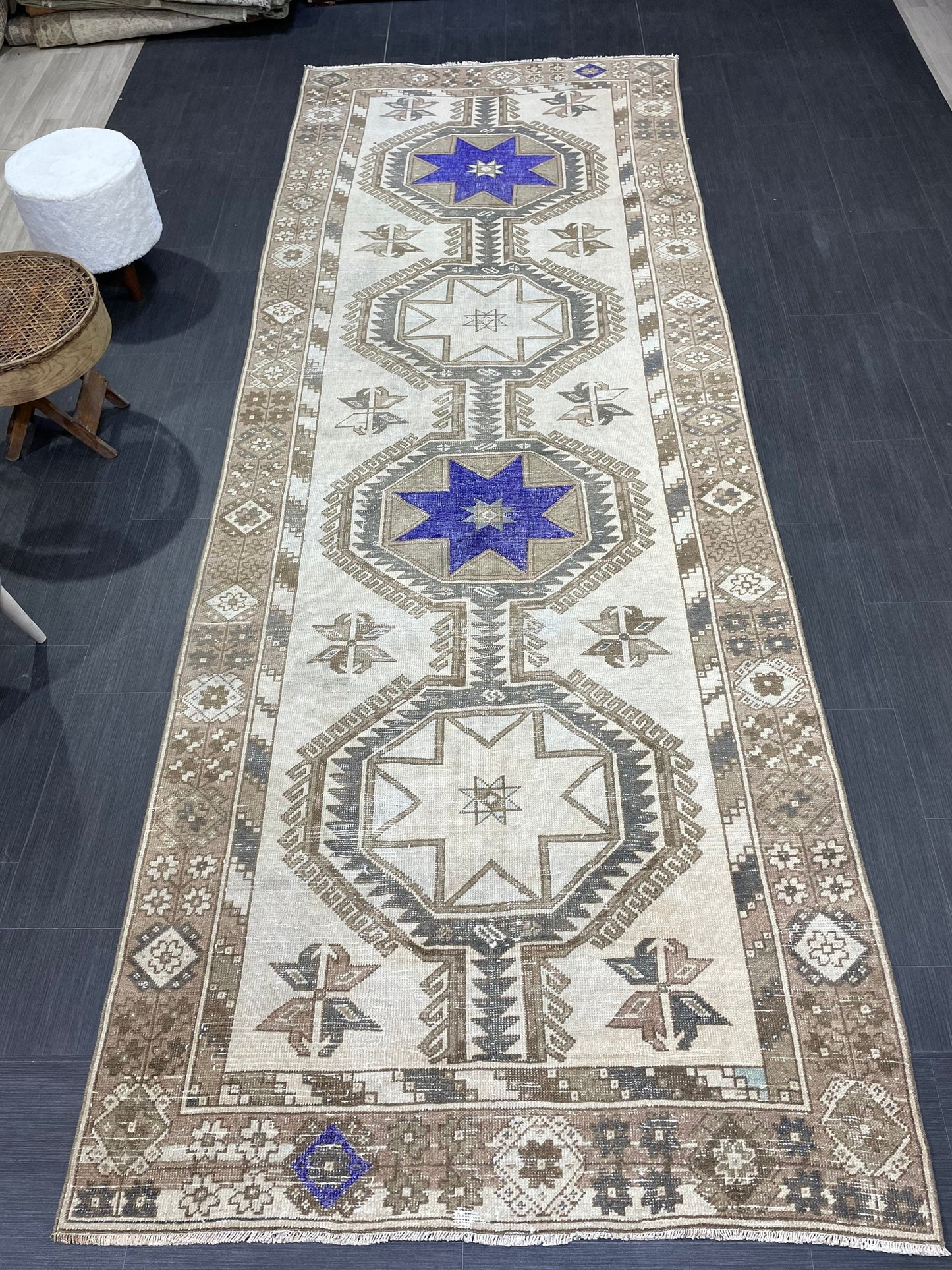 Muted Hand Knotted Runner 4.4 x 12 Rug, Vintage Runner Rug, Hallway Runner Rug, Antique Runner Rug Wool Runner Rug Handmade Runner Rug