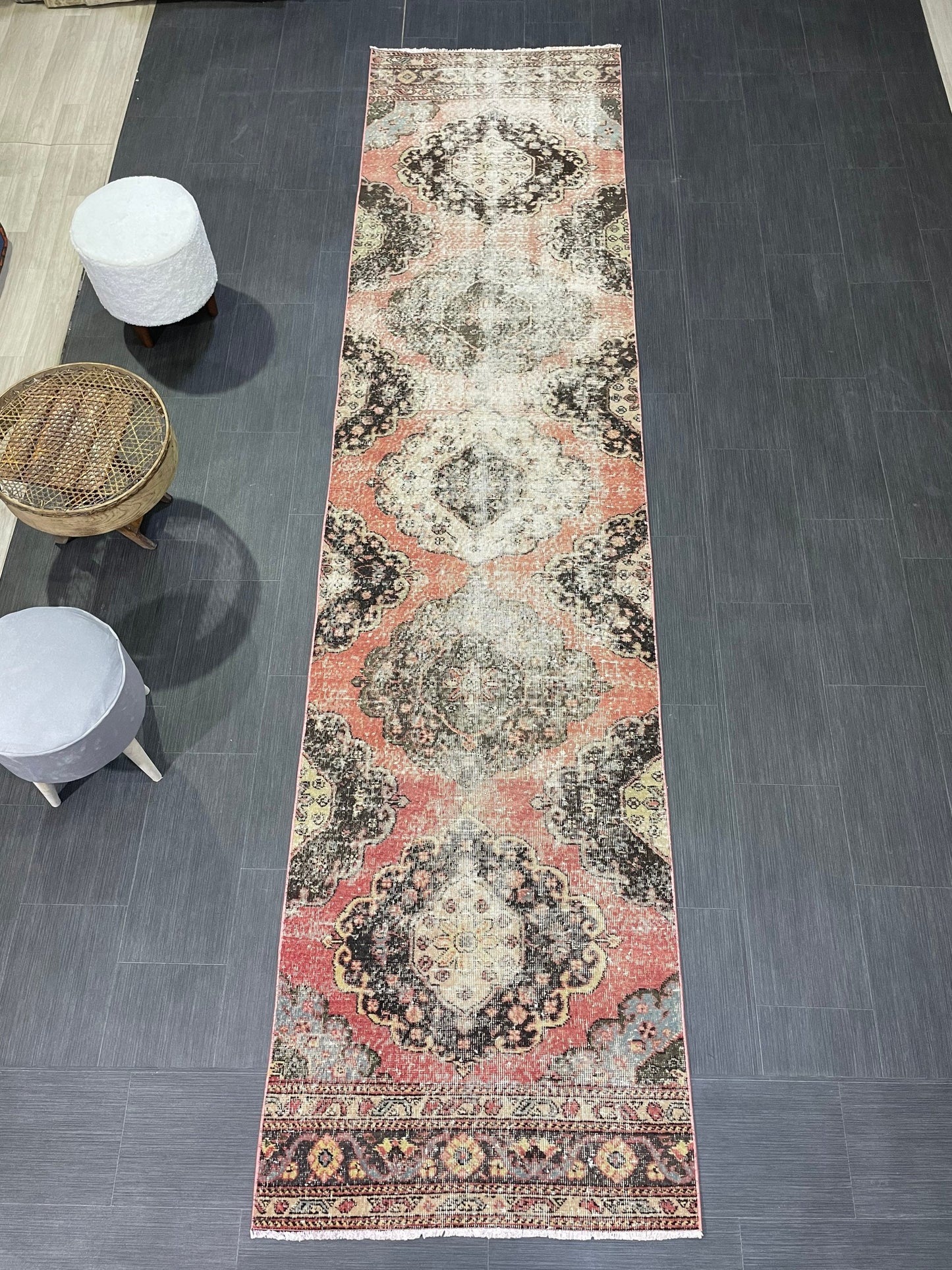 Turkish Distressed Runner Rug, Persian Runner 3 x 12 Rug, Vintage Runner Rug, Hallway Runner Rug, Kitchen Runner Rug, Wool Runner Rug