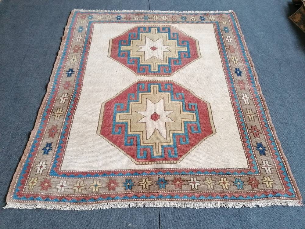 Turkish oushak wool rug 4'10x5'5 vintage handmade rug bohemian rug living room rug